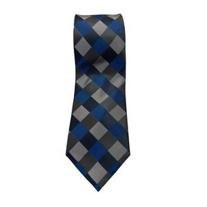 Countess Mara Silk Tie Blue Grey Excellent Checkered Crown Logo Hand Made
